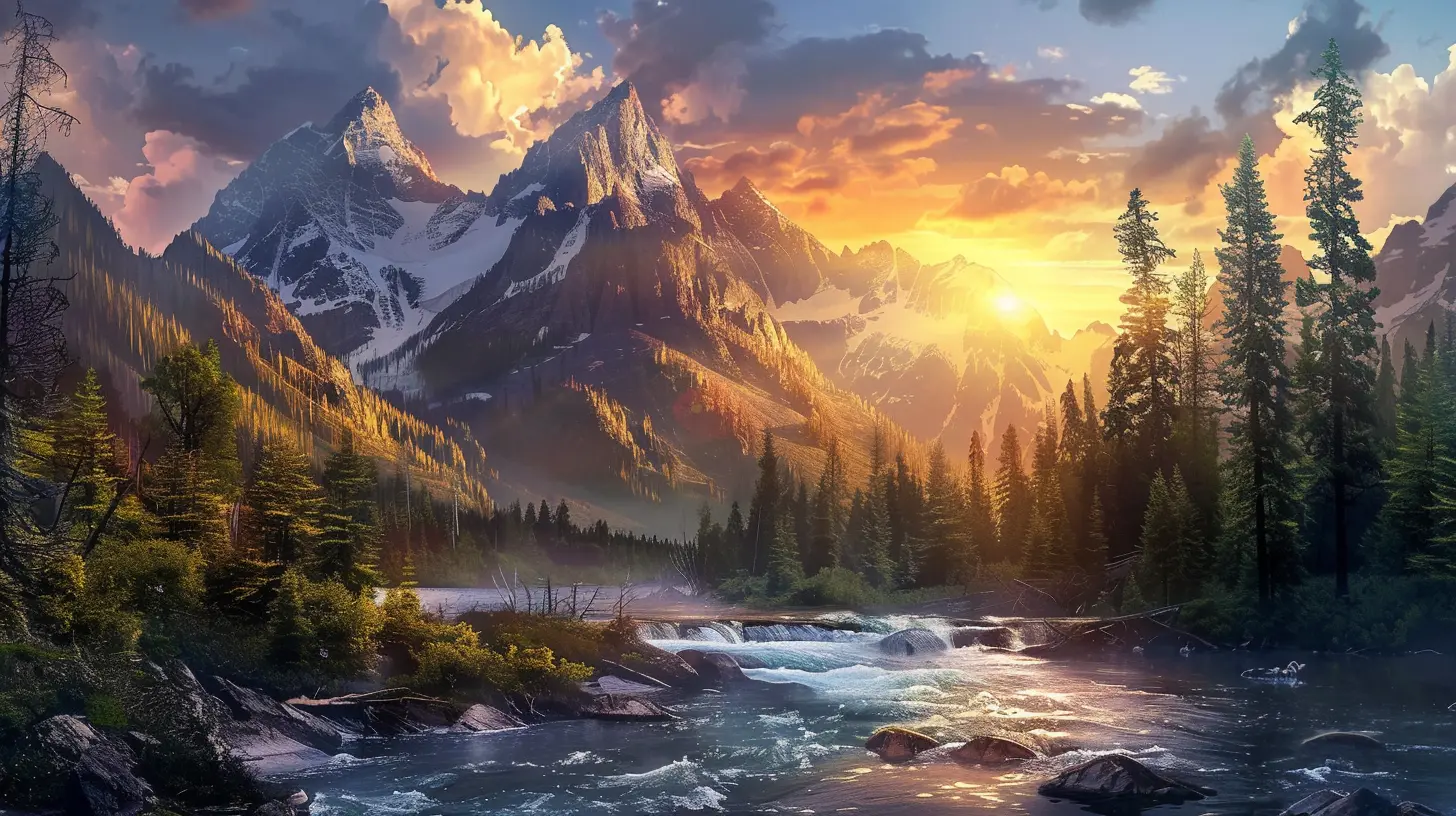 An image of a landscape with tall mountains. River water flowing in, calm and breezy wind blowing into the forest with a bright sunset sky generated by Flux API